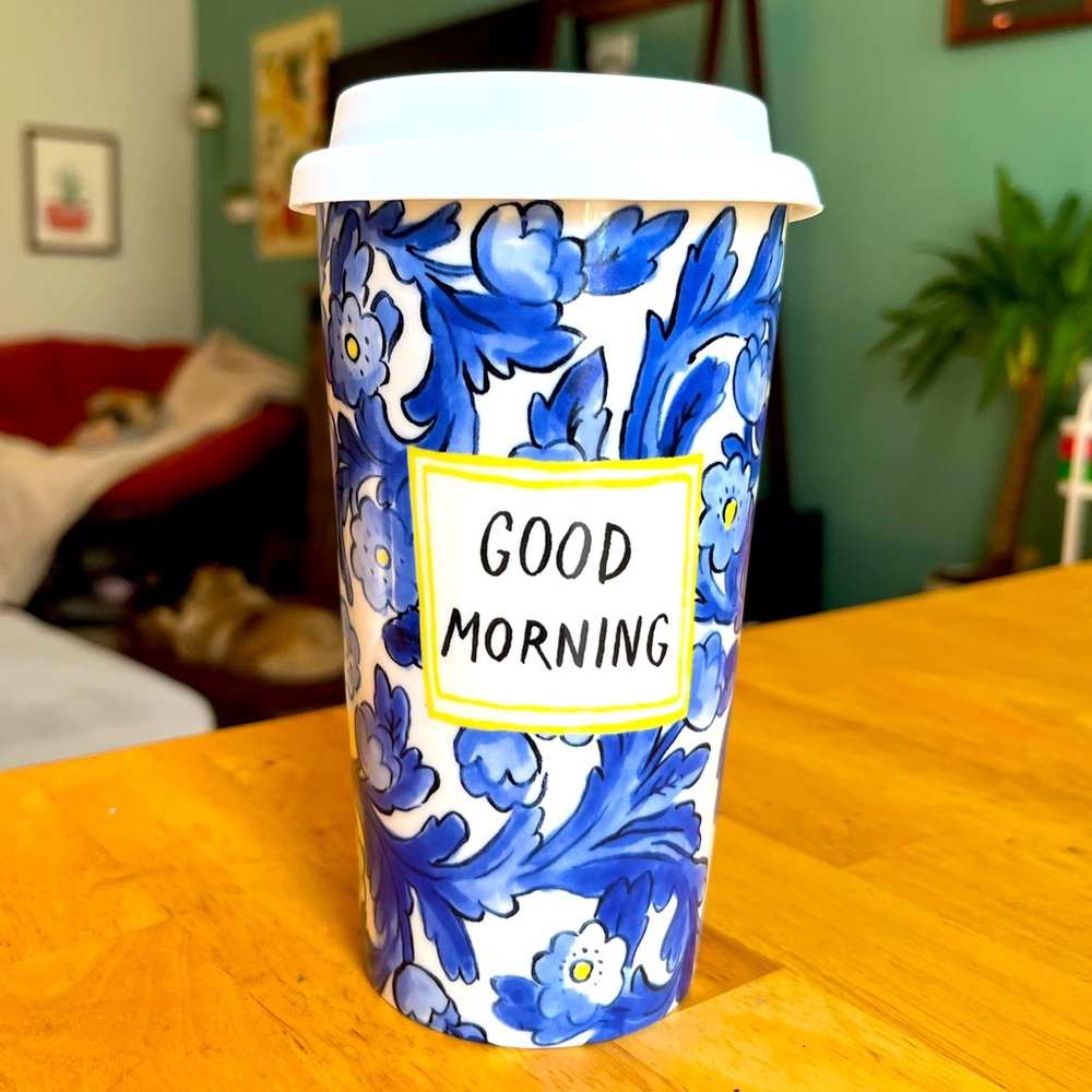 Anthropologie Ceramic Good Morning Travel Mug by Molly Hatch